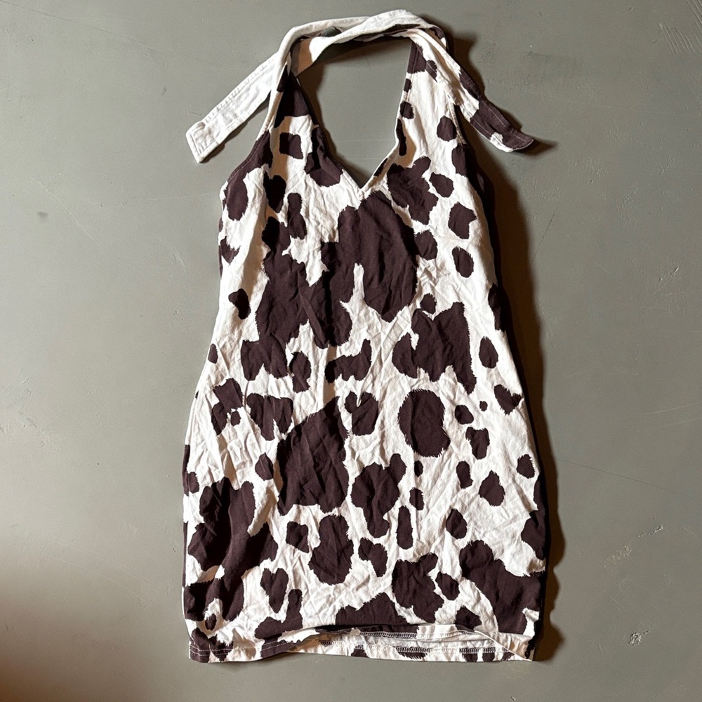 twik White and Brown Cowprint Halter Dress